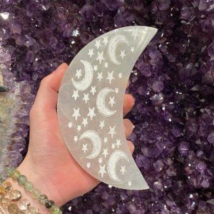 Selenite Moon Etched Charging Plate, Home Decor, Office Art, Boho Decorations